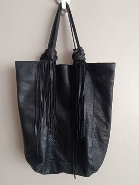 Black Pebble Grain Leather Fringe Large Hobo Shoulder Bag JC Charm